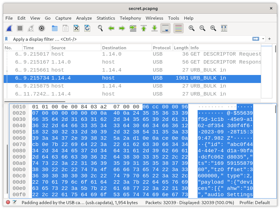 Wireshark dump showing unencrypted data transfer
